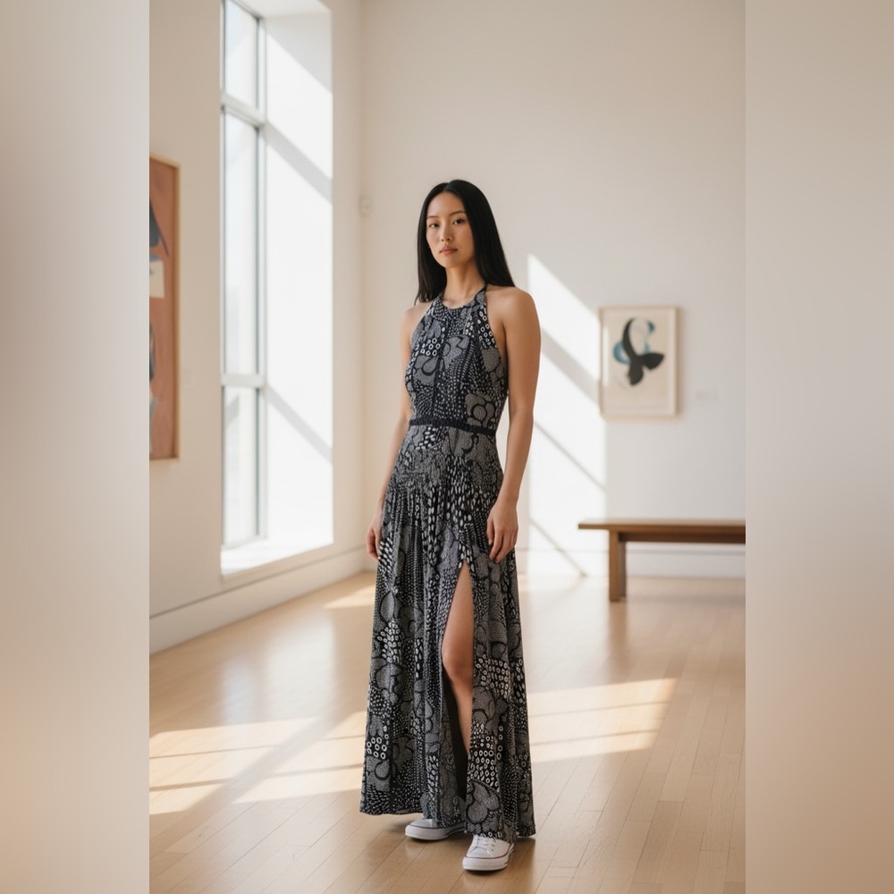 White & Navy Abstract Print Maxi Dress – Minimal Boho size small